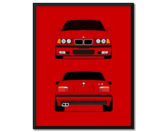 BMW M3 E36 (1995-1999) (Front and Rear) Inspired Car Poster Print Wall Art Decor BMW M Power DX1 (Unframed)