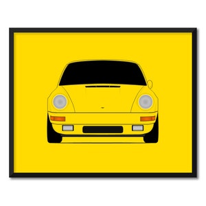 May include: A yellow vintage sports car with black headlights and a black grille. The car is on a yellow background.