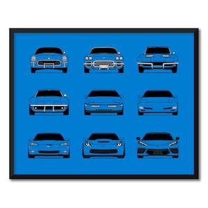 May include: A blue background with nine different blue Corvette models, each with a different design, from the 1960s to the present day.