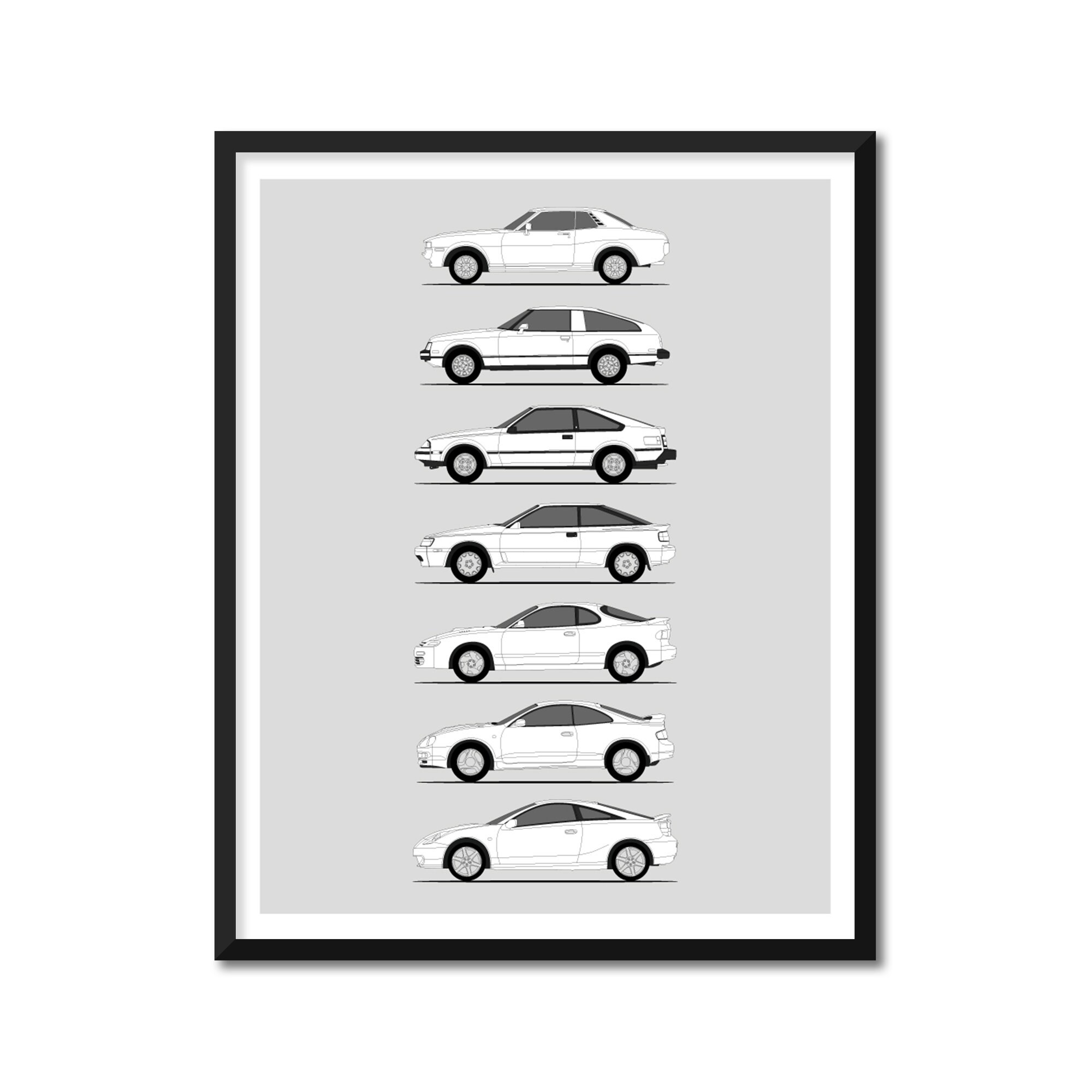 Toyota Celica Inspired Car Poster (Side Profile) Print Wall Art Decor of Toyota Celica Generations History Evolution BX1 (Unframed)