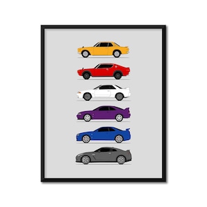Nissan Skyline GT-R Generations Inspired Poster (Side Profile) Print Art History Evolution Skyline KPGC10 R32 R33 R34 R35 BX1 (Unframed)