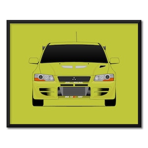 May include: A yellow Mitsubishi Lancer Evolution, a popular car model, is shown in a front view. The car has a black grille and black headlights. The car is on a yellow background.