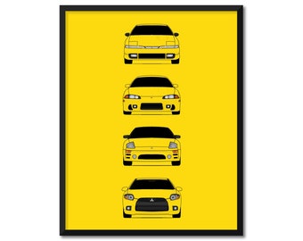 Mitsubishi Eclipse Car Poster Print of the History and Evolution of the Mitsubishi Eclipse 1G 2G 3G 4G Facelift AX2 (Unframed)