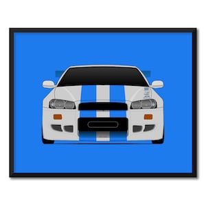 Nissan Skyline GT-R R34 (1998-2002) Fast Furious Inspired Car Poster Print Art Brian O&#39;Connor Paul Walke) Silver Blue Stripes BX5 (Unframed)