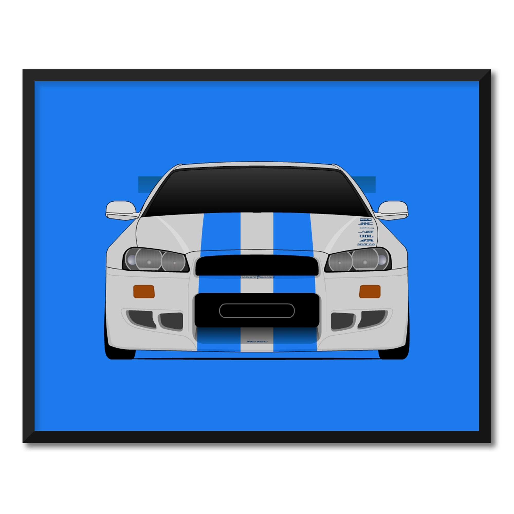 Nissan Skyline GT-R R34 1998-2002 Fast Furious Inspired Car Poster Print  Art Brian O'connor Paul Walke Silver Blue Stripes BX5 unframed 