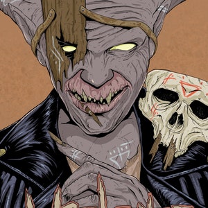 Puede incluir: Una portada de cómic con una criatura monstruosa que sostiene una calavera en su mano. La criatura tiene una máscara de madera y una chaqueta de cuero. El título del cómic es "The Wrecked".