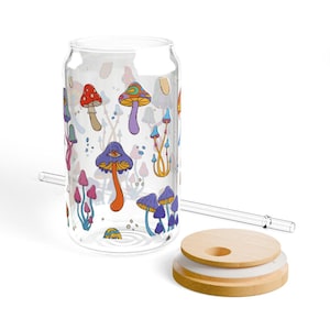 Mushroom Sipper Glass Mushroom Botanical 16oz Can Glass with Lid and Straw Boho Mushroom Lover Glass Tumbler Gift Cold Brew Glass Gift