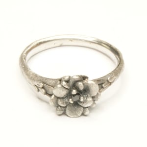 Peut inclure: Une bague en argent avec un motif de fleur comportant une pierre précieuse noire au centre.