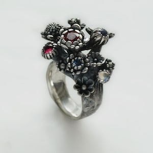 Handmade Ring with Gemstones and Flowers - Recycled Sterling Silver - Colorfull Statement Ring