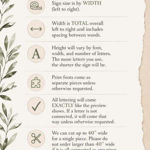 May include: A beige sign with the text "IMPORTANT DETAILS" at the top. The sign provides information about sign size, width, height, font, and lettering. The sign is decorated with green leaf illustrations.