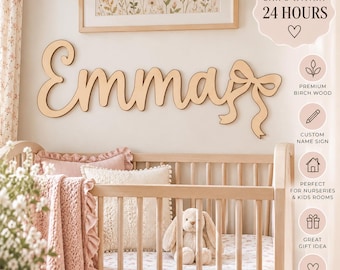 Personalized Wooden Name Sign with Bow, Nursery Wall Decor, Custom Baby Girl Name Sign, Birch Wood Name Cutout, Baby Shower Gift