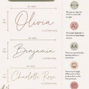 May include: A beige sign sizing guide with examples for a 40-inch sign. It shows the names Olivia, Benjamin, and Charlotte Rose in different fonts, with measurements in inches. Text explains sizing and proofing.