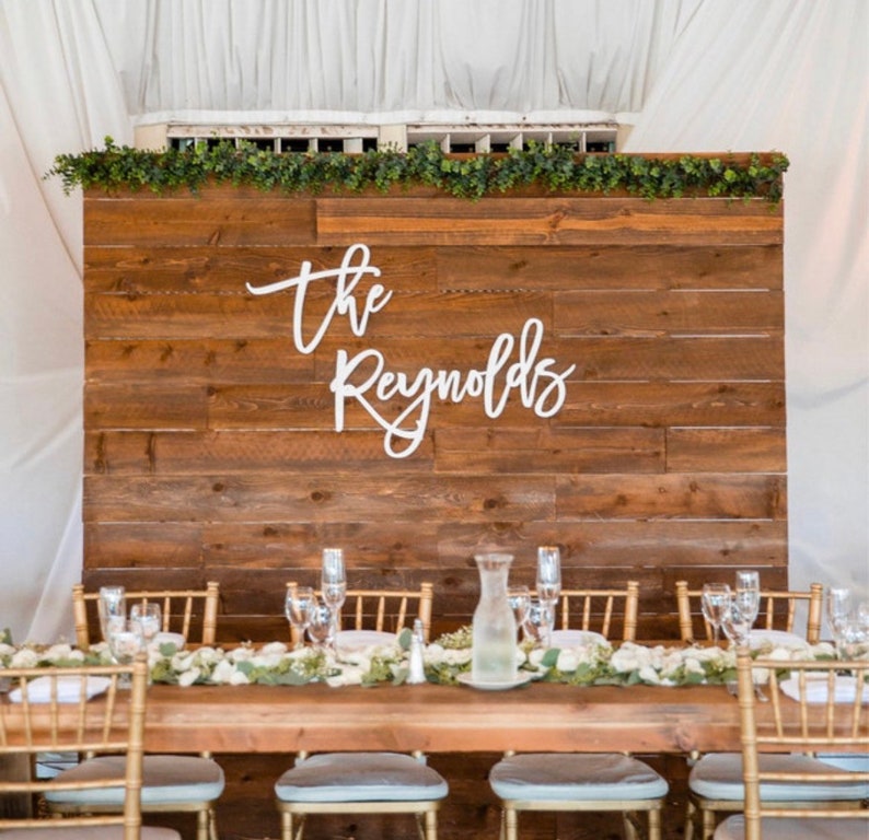 Pu&ograve; includere: Uno sfondo in legno rustico con il testo bianco in corsivo "the Reynolds". Un lungo tavolo di legno &egrave; apparecchiato con sedie dorate, bicchieri e composizioni floreali. Verde e tende bianche completano la scena.