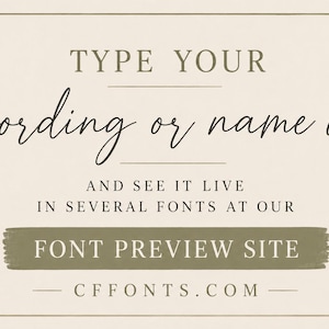 Pu&ograve; includere: Grafica color crema con testo che recita "TYPE YOUR wording or name in" e "FONT PREVIEW SITE". Viene visualizzato anche l'indirizzo del sito Web "CFFONTS.COM". Il testo &egrave; in un mix di caratteri.