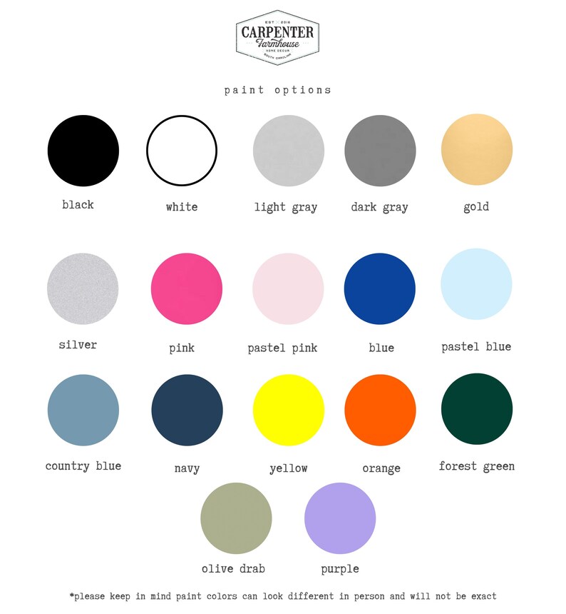 May include: A color chart from Carpenter Farmhouse with paint options. The chart displays 18 color swatches, including black, white, light gray, dark gray, gold, silver, pink, pastel pink, blue, pastel blue, country blue, navy, yellow, orange, forest green, olive drab, and purple.