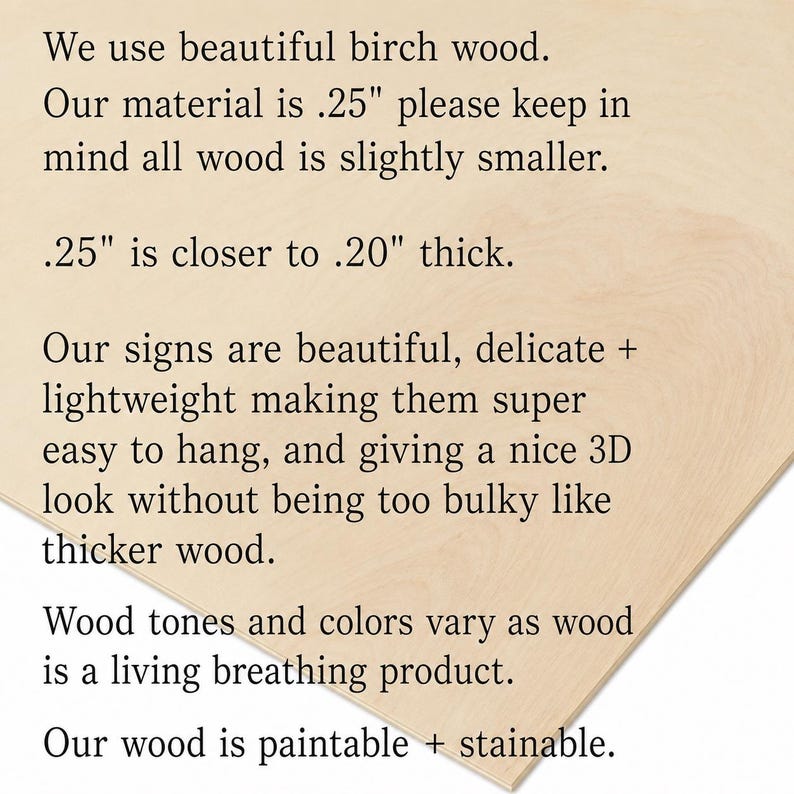 May include: A close-up of a light-colored birch wood panel with text. The text describes the wood's thickness as approximately 0.25 inches, its lightweight nature, and its suitability for signs. The wood is paintable and stainable.
