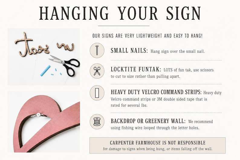 K&ouml;nnte beinhalten: Bild mit Anweisungen zum Aufh&auml;ngen von Schildern. Enth&auml;lt den Text: "HANGING YOUR SIGN" und "OUR SIGNS ARE VERY LIGHTWEIGHT AND EASY TO HANG!". Methoden umfassen kleine N&auml;gel, Locktite FunTak, Klettverschlussstreifen und Angelschnur. Ein rosa Holzherz ist ebenfalls abgebildet.