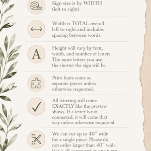 May include: A beige sign with the text "IMPORTANT DETAILS" at the top. The sign provides information about sign size, width, height, font, and lettering. The sign is decorated with green leaf illustrations.