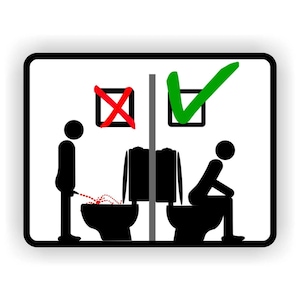 Könnte beinhalten: Eine Schwarzweißillustration eines öffentlichen Toilettenzeichens mit einem roten X über einem Mann, der an einer Toilette steht, und einem grünen Häkchen über einer Person, die auf einer Toilette sitzt.