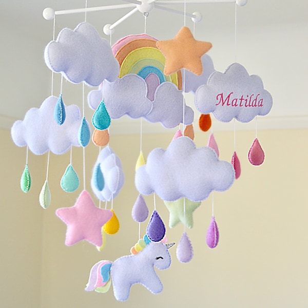 Unicorn mobile, Rainbow mobile, Rainbow decor, Pastel baby decor, Unicorn nursery decor personalised cot mobile pastel rainbow baby mobile