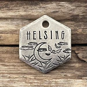 Pet Id Tag, Dog Tag, Dog Tags for Dogs, Custom Dog Tags, Personalized Dog Tag, Moon Bats Trees Tag, Dog Collar, Helsing Valley, Bronze