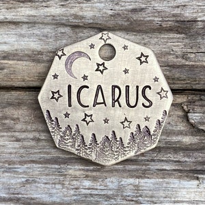 Dog Tag, Dog Tags for Dogs, Dog Tags, Pet Id Tag, The Night Forest, Personalized Dog Tag, Moon, Trees, Stars, Dog Collar Tag