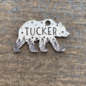 Dog Tag for Dogs, Bear Dog Tag, Mountains, Trees, Stars, Personalized, Pet Id, Custom, Hand Stamped, Dog, Puppy, Cat, Tucker’s Forest