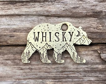 Dog Tag für Hunde, Bär, Hundemarke, Berge, Bäume, Mond, Sterne, personalisiert, Haustiermarke, Hund, Welpe, Katze, Individuell, Halsbandmarke, Der Griz