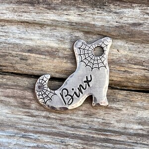 Mini Dog Tag, Dog Tag for Dogs, Witch’s Boot, Dog Tag, Puppy Tag, Kitty ID, Cat, Web, Personalized, Metal Hounds Mini, 1  x 3/4”