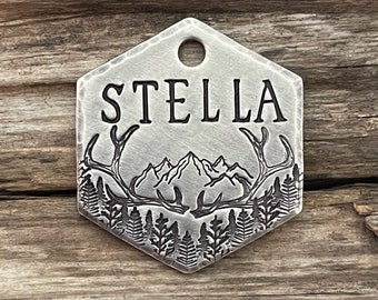 Dog Tag, Dog Tags for Dogs, Dog Tags, Pet Id Tag, Antler Summit, Personalized Dog Tag, Mountain Trees Tag, Metal Hounds