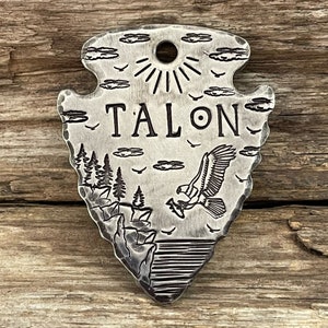 Dog Tag for LARGE Dogs, Dog Tags, LARGE Arrowhead, Fish, Mountains, Personalized Dog Tag, Pet Id Tag, Eagle Cliffs, Custom, 2” Length