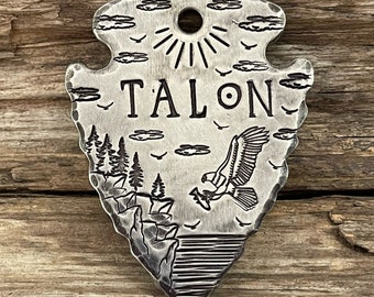 Dog Tag for LARGE Dogs, Dog Tags, LARGE Arrowhead, Fish, Mountains, Personalized Dog Tag, Pet Id Tag, Eagle Cliffs, Custom, 2” Length