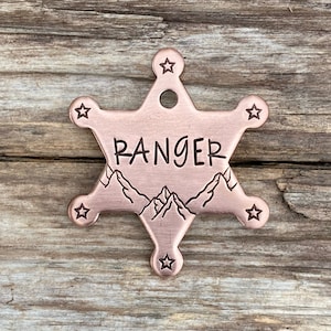 Sheriff Badge Western Dog Tag - Rodeo Collar Tag - Mountains and Stars - Hand Stamped Personalized Gift - Collar Tag for Dogs - Wild West