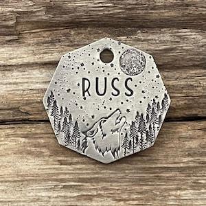 Dog Tag, Dog Tags for Dogs, Hand Stamped Pet ID Tag, Collar, Dog Tags, Trees, The Forest Wolf, Full Moon, Personalized