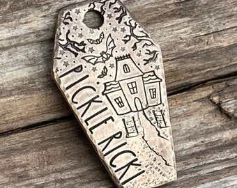 Coffin Dog Tag, Dog Tag for Dogs, Dog Tags, Pet Tag, Special Cut, Dog Tag, Haunted House, Bats, Halloween, Spooky, Personalized