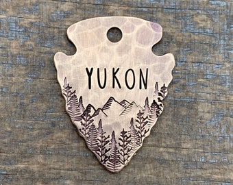 Arrowhead Dog Tag, Pet ID Tag, Dog Tag, Dog Tag for Dogs, The Mountain, Dog Tag Personalized, Trees and Mountain Tag, Hammered, MEDIUM