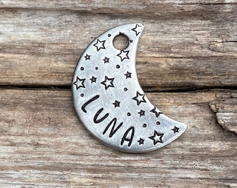 Placas de identificación para perros, Estrella brillante y luna, Placa de identificación para mascotas estampada a mano, Placa de identificación para perro con luna, Placa de collar personalizada, Placa para mascota, Placa para gato