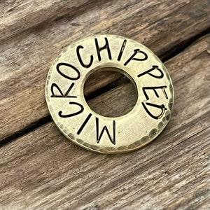 Microchip Tag, Microchipped, SMALL Washer, HAMMERED edge, Pet Id, Personalized, Hand Stamped, Washer Dog Tag, Microchip ID, Dog Tag for Dogs