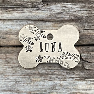 Dog Tag, Dog Tags for Dogs, Flower Dog Tag, Juniper Flower, Dog Bone Tag, Dog Bone, Personalized Dog Tag, Custom Dog Tags, Collar Tag