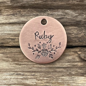 Placa de identificación para perros personalizada, jardín de rosas, placas de identificación para perros, placa de identificación para perros, placa de identificación para mascotas, placa de identificación para perros estampada a mano
