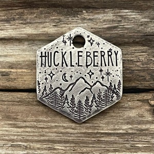 Dog Tag, Dog Tags for Dogs, Custom Dog Tags, Pet Id Tag, Personalized Dog Tag, Mountain Trees Stars Tag, Dog Collar, Huck’s Journey