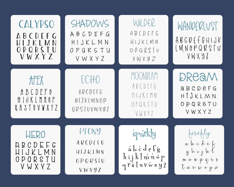Op de afbeelding: Een verzameling van 10 alfabetschrifttypen, elk met een unieke naam, zoals "Calypso", "Shadows", "Wilder", "Wanderlust", "Apex", "Echo", "Moonbeam", "Dream", "Hero", "Peony", "Sparkly" en "Firefly". Elk schrifttype wordt weergegeven in een wit vierkant met een zwarte omtrek.