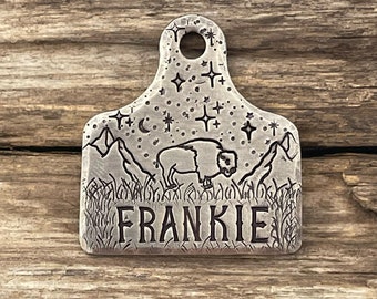 Dog Tag, Dog Tag for Dogs, Buffalo Dog ID, Special Cut Cow Tag, Mountains, Personalized Pet ID, Custom, Starry Bison Pass, Unique Pet Tag