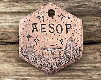 Hand Stamped Pet ID Tag, Dog Collar Tag, Personalized Pet ID Tag, Stars, Custom Dog Tag, Trees, Dog Tag for Dogs, Mushrooms, The Woodlands