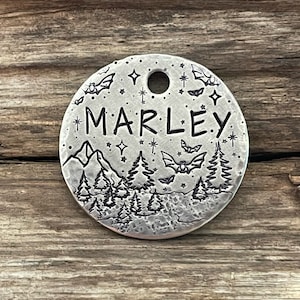 Dog Tag, Dog Tags for Dogs, Pet ID Tag, Bats, Trees, Stars, Personalized Dog Tag, Mountains, Bats in Flight, Dog Collar Tag, Customized