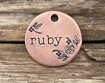 Hand Stamped Pet ID Tag, Dog Tag, Dog Tags for Dogs, Dog Tags, The Ruby Rose, Dog Tag with Flowers, Hand Stamped Dog Tag, Custom Dog Tag