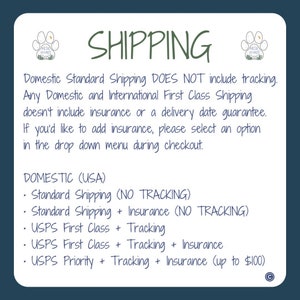 May include: A blue and white text graphic with the word "SHIPPING" in large white letters. The text explains the different shipping options available, including standard shipping, first class, and priority shipping. The text also mentions that insurance is available for an additional fee.