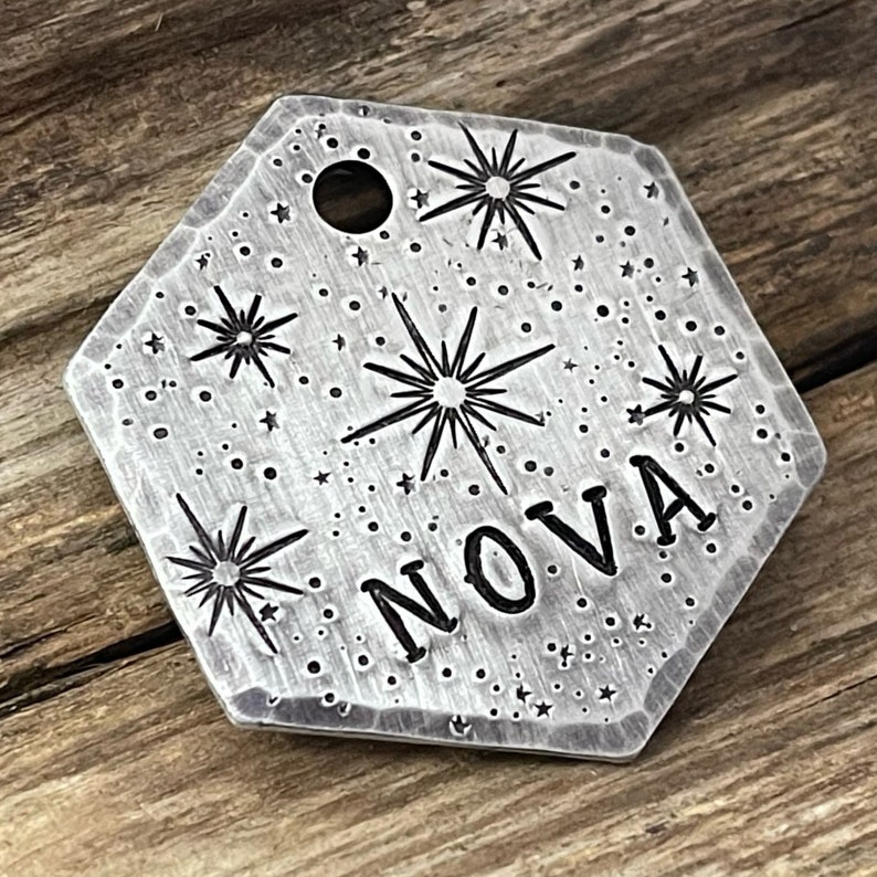 May include: A silver hexagonal pet tag with a starburst design and the word "NOVA" engraved on it.