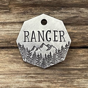 Pet ID Tag, Mountain Trees Dog Tag, Dog Collar Tag, Pet Name Tag, Hand Stamped Dog Tag, Customized, Dog Tag Personalized, The Mountain