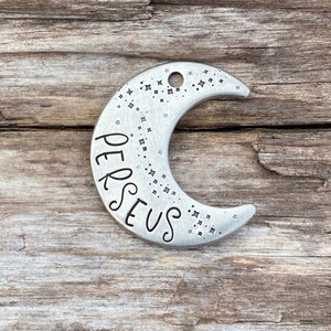Moon Dog Tag, Moon Dog Tag with Stars, Dog Collar Tag, Hand Stamped Dog Tag, Personalized Pet ID Tag, Crescent Moon Dog Tag, Perseus, 1-1/2”